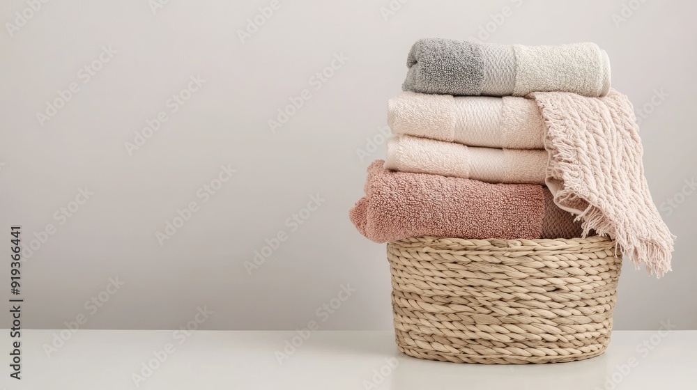 Aufkleber clean, folded white towels are neatly arranged in a woven basket on an empty white table, illuminate