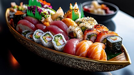 Exquisite sushi boat filled with an assortment of nigiri, sashimi, and maki rolls, Japanese culinary journey, sushi feast, oceanic delights, sushi bar experience, culinary craftsmanship,