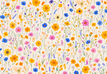 Vibrant watercolor wildflowers dance in a seamless pattern on a creamy canvas.