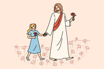 Jesus walks with little girl through summer field, talking about importance of christian religion. Jesus, from catholic or orthodox faith, communicates with children, sharing experience
