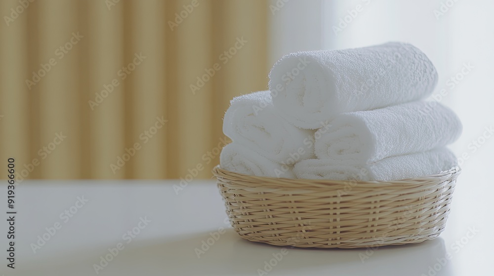 Poster clean, folded white towels are neatly arranged in a woven basket on an empty white table, illuminate
