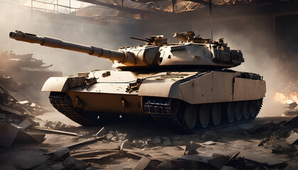 Heavy Battle Tank in War-Torn Urban Environment