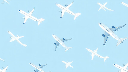 White planes soar across a light blue canvas, their wings creating a rhythmic dance in a minimalist, seamless pattern.