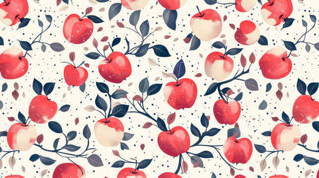 Crisp red apples adorn leafy branches in a vintage, white-hued seamless pattern.