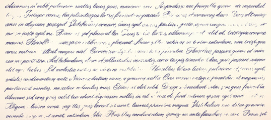 Fototapeta premium Unreadable poetry text banner. Handwritten abstract text. Vector cursive english text written by a pen. Template linear cursive lettering. Horizontal banner with latin or english illegible words.