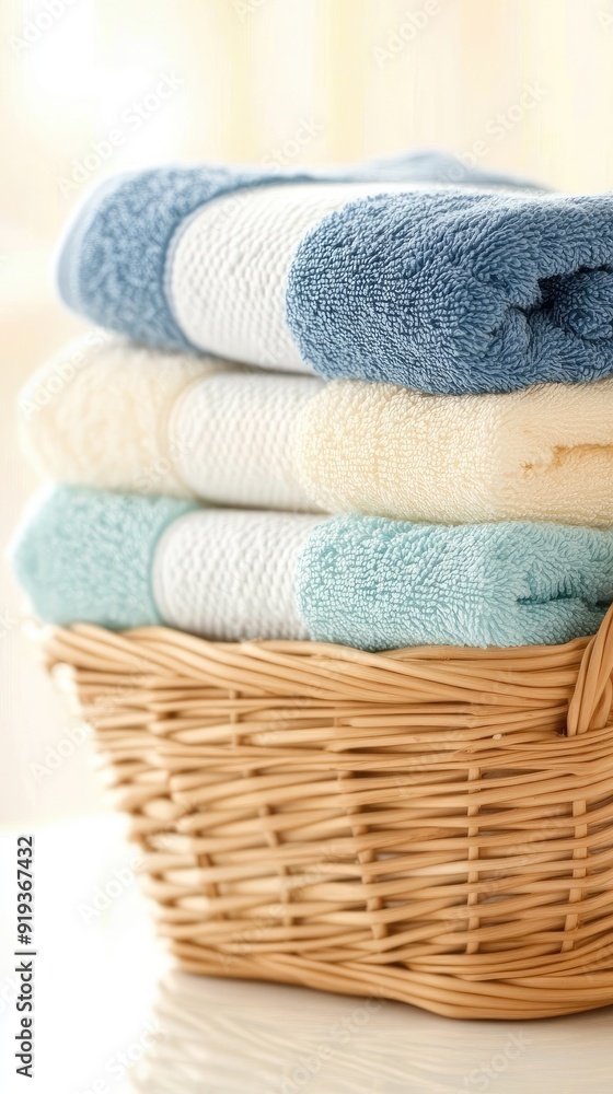 Aufkleber clean, folded white towels are neatly arranged in a woven basket on an empty white table, illuminate