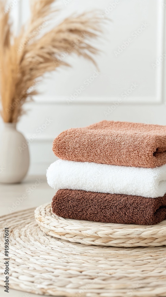 Aufkleber clean, folded white towels are neatly arranged in a woven basket on an empty white table, illuminate