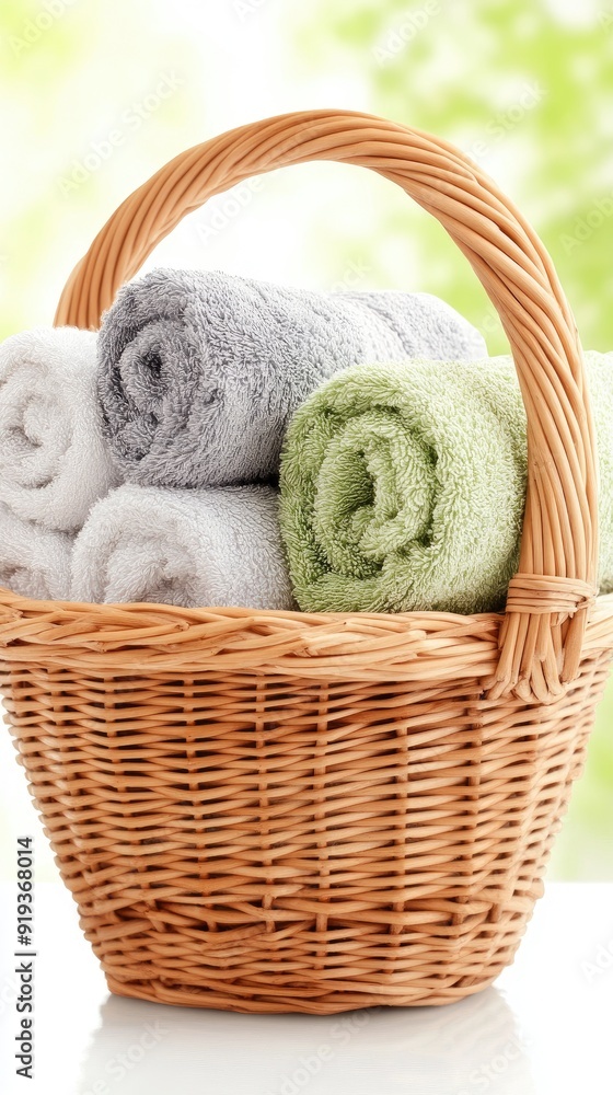Aufkleber clean, folded white towels are neatly arranged in a woven basket on an empty white table, illuminate