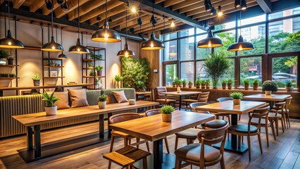 Warm and inviting coffee shop ambiance with wooden tables, comfortable seating, and soft lighting, perfect for casual meetups and social gatherings.