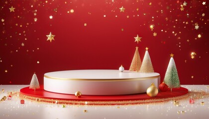 Beautiful red minimal pedestal podium, for cosmetic product presentation and celebration, 3d rendering illustration.