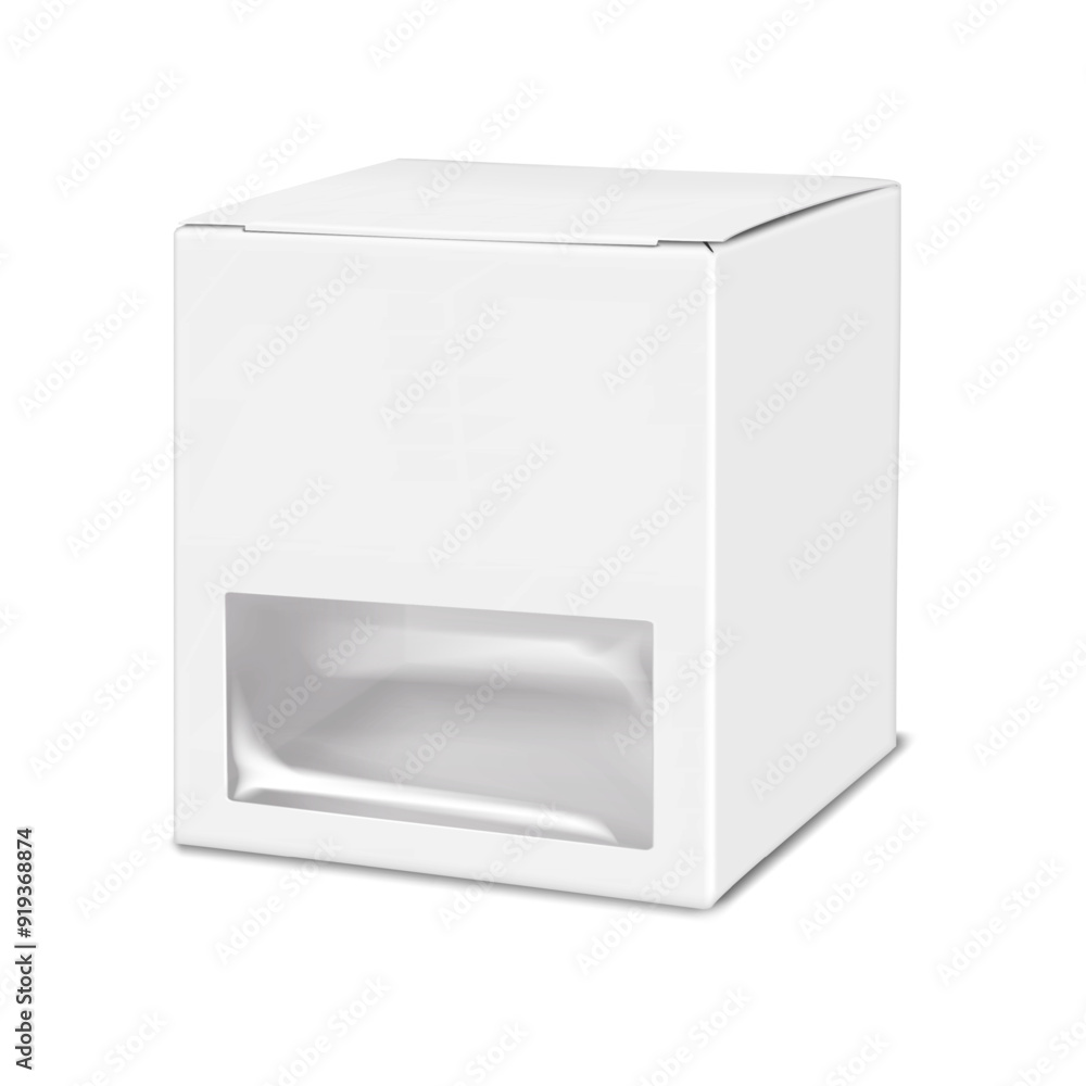 Wall mural white blank square paper box with clear plastic window. realistic 3d vector mock-up. cardboard cube 