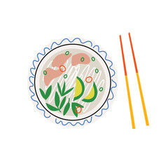 Vector illustration with pho bo soup plate and chopsticks. Modern flat design