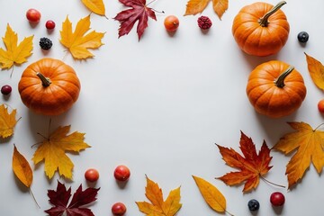 Fototapeta premium Flat lay composition with pumpkins, berries and autumn leaves on white background, space for text. Thanksgiving Day