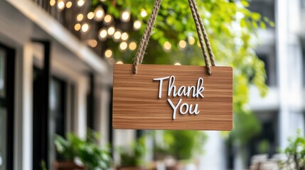 Obraz premium A charming wooden sign says Thank You in a cozy caf? adorned with leafy plants and warm lights amidst a rainy, misty atmosphere