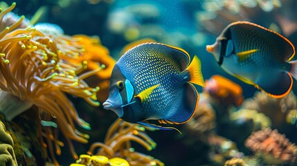 Obraz premium Close-up macro shot of a pair of angelfish swimming through a coral garden, their vibrant colors and elegant shapes enhancing the lush underwater environment