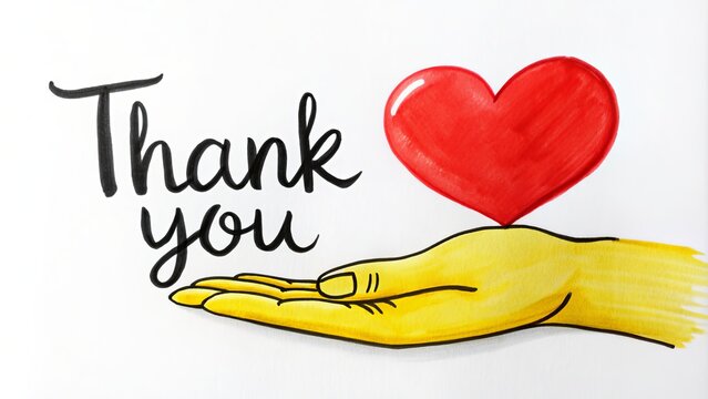 Whimsical hand-drawn illustration of a bright yellow hand holding a red heart with bold black letters spelling out "Thank You" on a crisp white background.