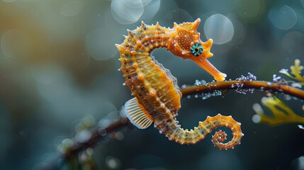 Close-up macro shot of a seahorse clinging to a seaweed strand, with the background blurred to emphasize the delicate texture and vibrant colors of the seahorse