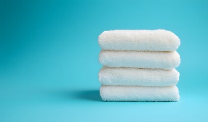 A stack of towels on a blue background, laid flat with copy space for text or product advertising,