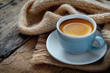 Steaming cup of coffee resting on cozy knit blanket on rustic wooden table