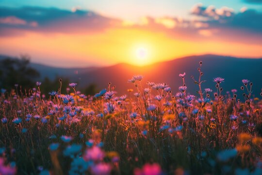 Wildflowers blooming in meadow at sunset over mountains