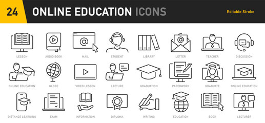 Online Education and E-learning web icon set in line style. E-book, video tutorial, mentor, distance learning, video and audio courses, collection. Vector illustration.