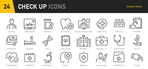 Medical Сheck up web icons in line style. Medicine, medical card, RX, doctor, virus, testing, lab, infographic collection. Vector illustration.