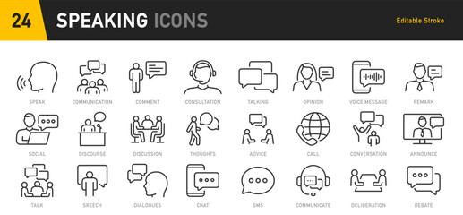 Speaking web icon in line style. Chat, speech bubble, talking, point, chat, support, message, phone, globe, call, info collection. Vector illustration.