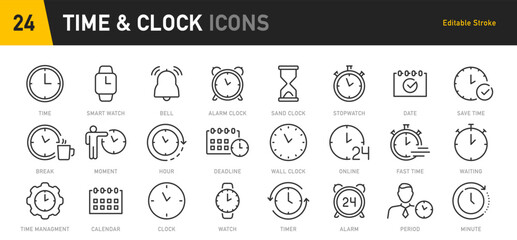 Time and Clock web icons in line style. Calendar, timer, time, stopwatch, countdown, collection. Vector illustration.
