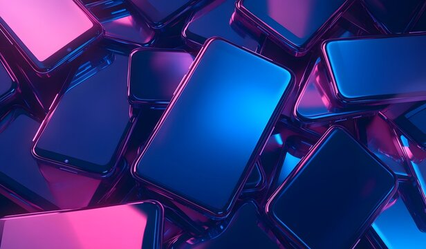 High angle view of a pile of mobile phones with blank screens, in the style of holographic, dark blue and pink color scheme, glowing edges, metallic texture,