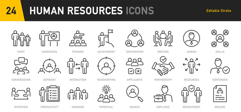 Human resources web icons in line style. Headhunting, career, resume, work group, candidate, job hiring, collection. Vector illustration.