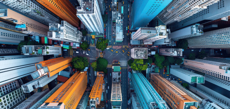 Aerial view of urban skyscrapers with vibrant colors, showcasing the dynamic architecture and greenery of the cityscape.