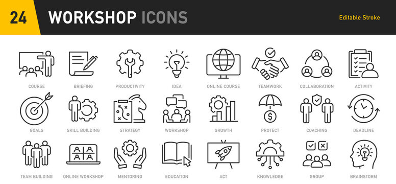 Workshop web icons in line style. Teamwork, training, business, partnership, goals, coaching, collection. Vector illustration.