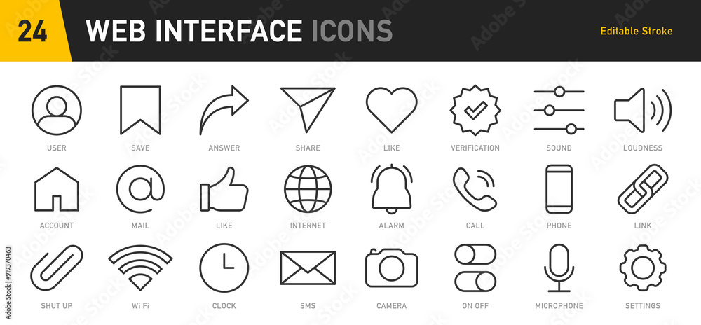 Aufkleber interface ui, ux web icons in line style. user, profile, message, mobile app, document file, social 
