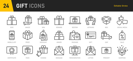 Gift web icons in line style. Bonus, award, prize, discount, birthday, gift box, collection. Vector illustration.