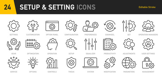 Setup and Settings web icons in line style. Options, download, update, configuration, gears, optimization, collection. Vector illustration.