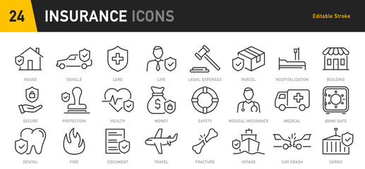 Insurance web icons in line style. Medical, Car, insurance situations, accident, health, flood, life, travel, fly, home. Vector illustration.