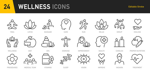 Wellness web icon set in line style. Relaxation, spa, sleep, yoga, health, lifestyle, spiritual practice, meditation, collection. Vector illustration.