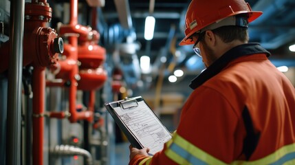 Generate a photo realistic image of technicians conducting maintenance inspection on fire safety equipment, with equipment maintenance checklist, fire alarm testing, 