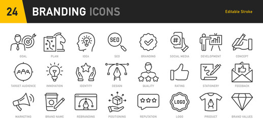 Branding web icon set in line style. Digital marketing, product, logo, idea, brand, collaboration, social media, target audience, promotion, collection. Vector illustration.