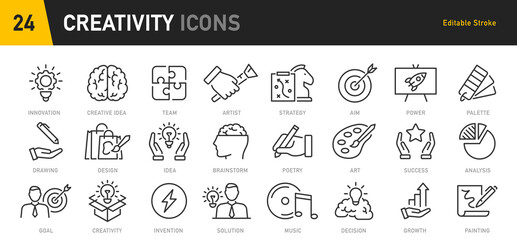 Creativity web icons in line style. Creativity, Finding solution, Brainstorming, technology, teamwork, Inspiration, Creative thinking, Brain. Vector illustration.