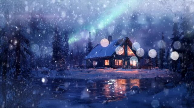 Cozy log cabin in a snowy forest under warm and radiant light, surrounded by tall trees and serene winter scenery  Seamless looping 4k time-lapse animation video background