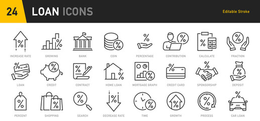Loan and Credit web icons in line style. Credit card, deposit, car leasing, rate interest, calculator, income, rating, collection. Vector illustration.