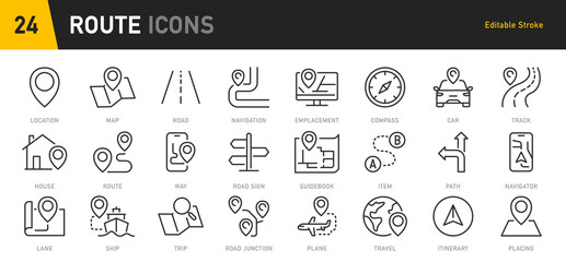 Route web icons in line style. Navigation, location, route map, traffic, pin, collection. Vector illustration.