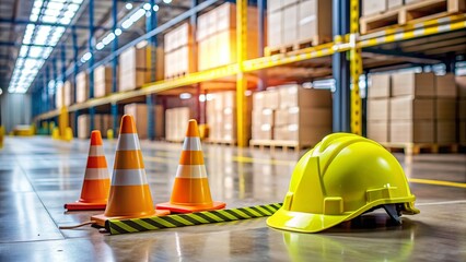 Yellow helmet and vest on a warehouse floor, surrounded by cones and caution tape, emphasizing the importance of safety training in industrial environments.