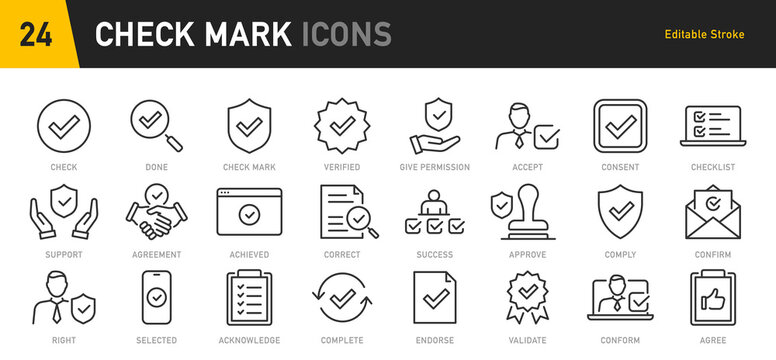 Checkmark and Approved web icon set in line style. Checklist, accepted, stamp, accept, agree, quality control, collection. Vector illustration.