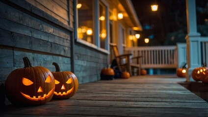 Halloween background with pumpkins on porch