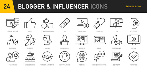 Blogger and Influencer web icons in line style. Blog, monetization, personal brand, video, likes, social media, collection. Vector illustration.