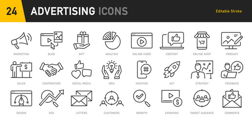 Advertising web icons in line style. Marketing, seo, feedback, analysis, social media, collection. Vector illustration.