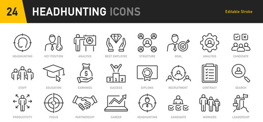 Headhunting web icons in line style. Recruitment, career, resume, work group, candidate, job hiring, collection. Vector illustration.