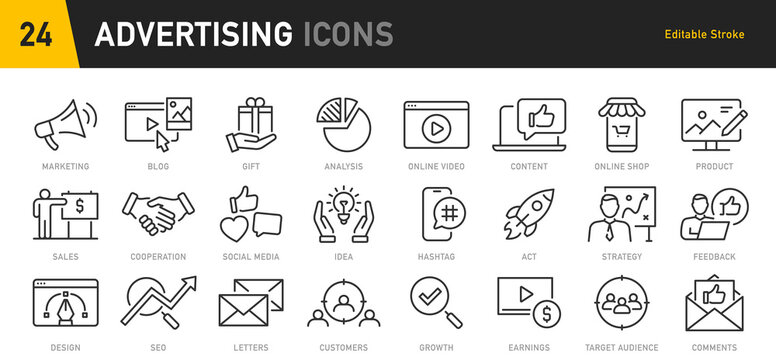 Advertising web icons in line style. Marketing, seo, feedback, analysis, social media, collection. Vector illustration.